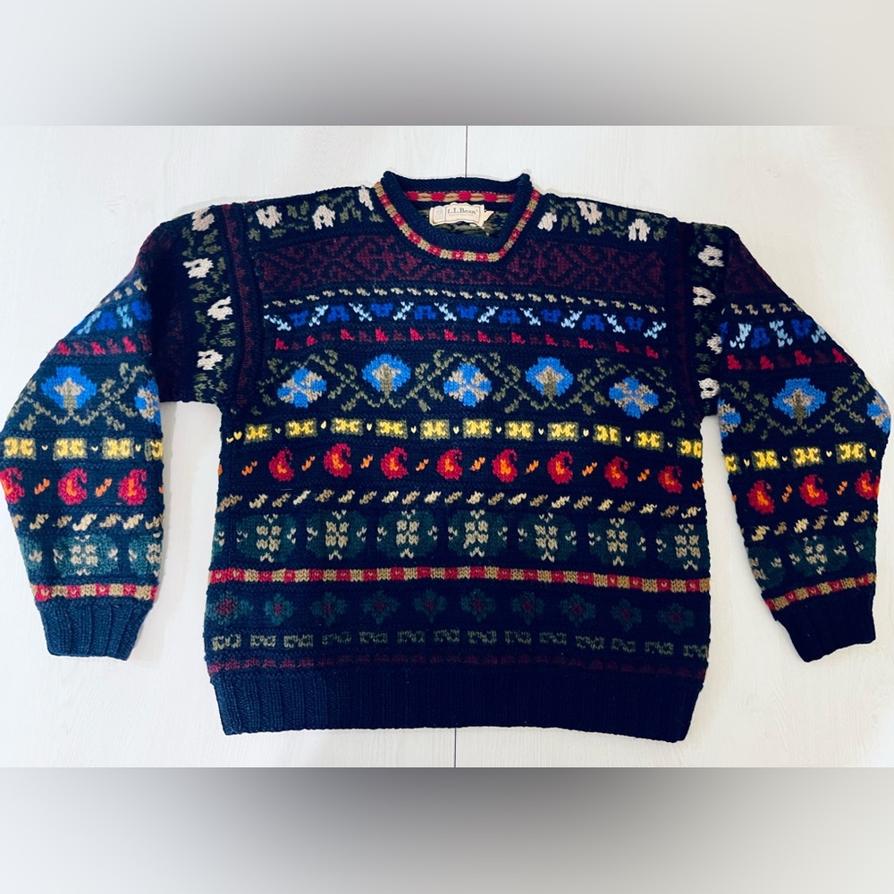 L.L. Bean Vintage Wool Colorful Patterned Crewneck Sweater